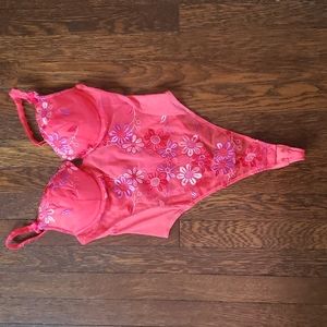 Pink floral embroidery lingerie bodysuit underwire